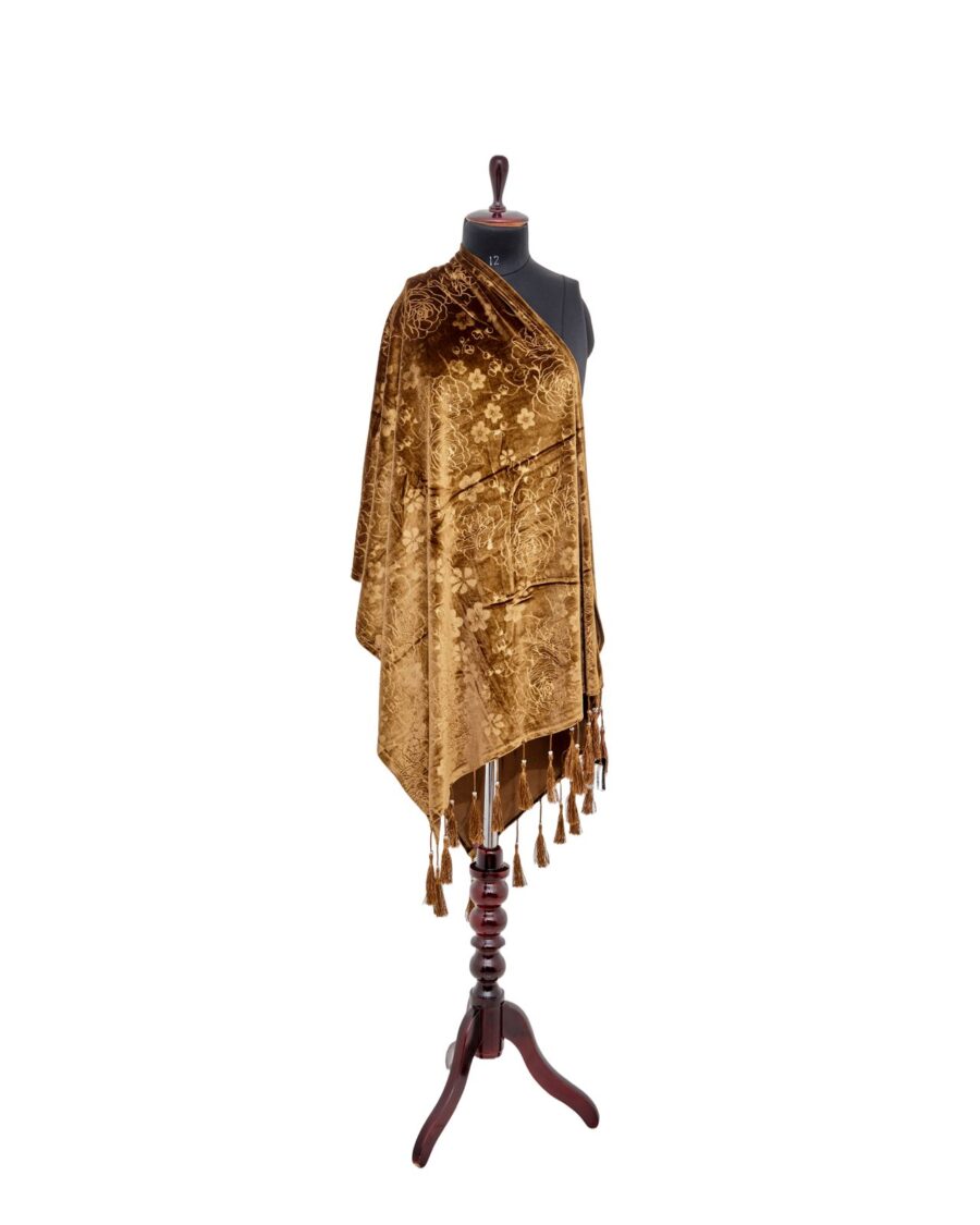 SHAWLGUL GOLDEN EMBOSSED VELVET STOLE WITH TASSELS